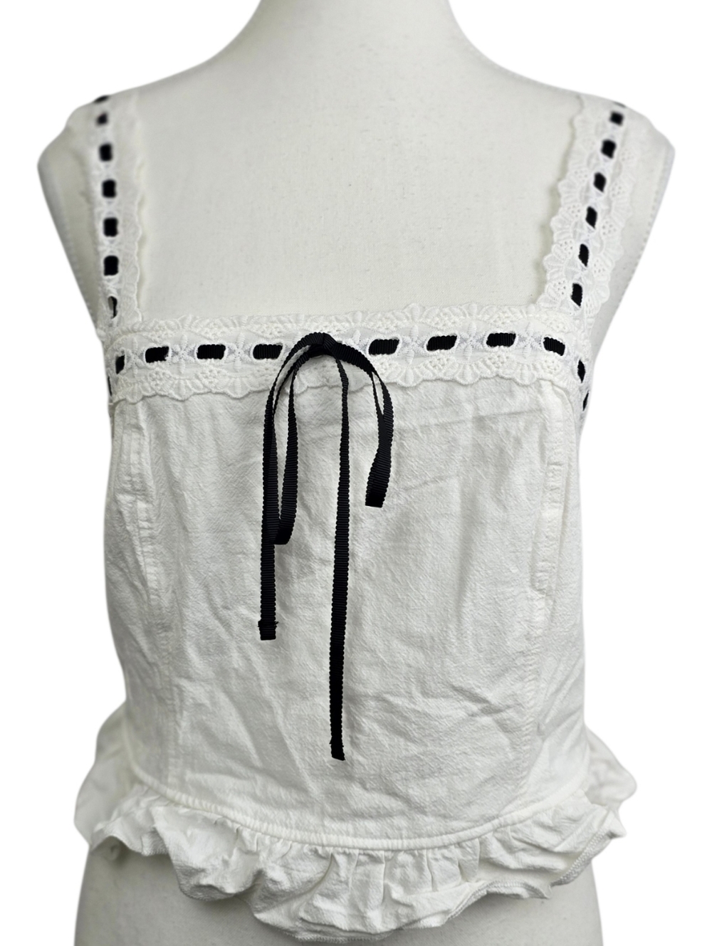 KIRIOUS White Smocked Eyelet Trim Bow Sleeveless Blouse Size L Cropped Coquette